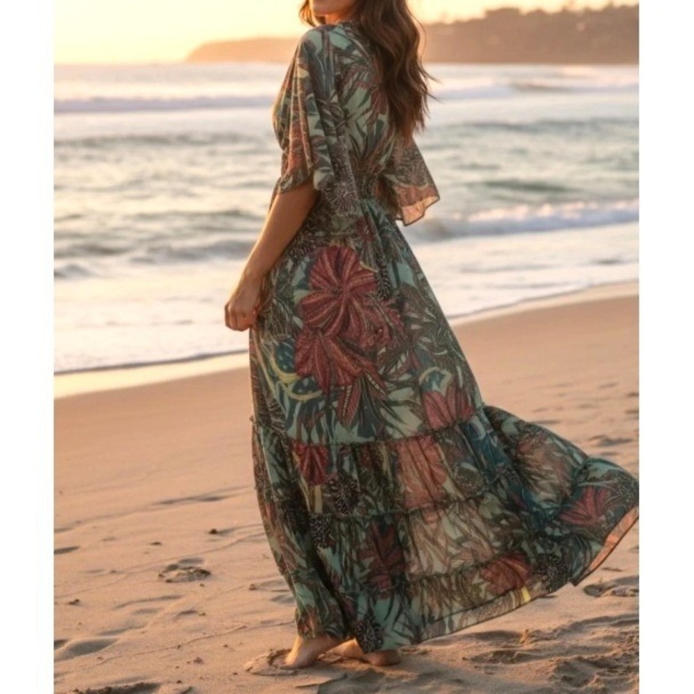Anthropologie Boemo Dress Medium Floral Tropical Maxi Tiered Resort Beach Boho - Picture 3 of 9